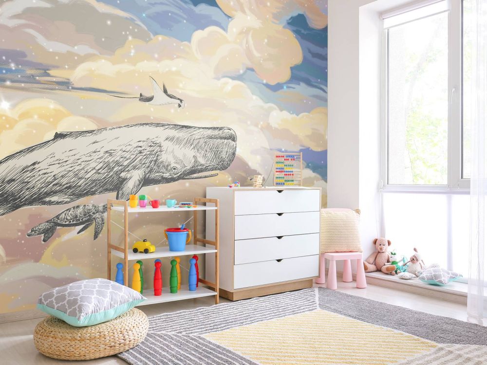 Zwemmende walvis door de wolken