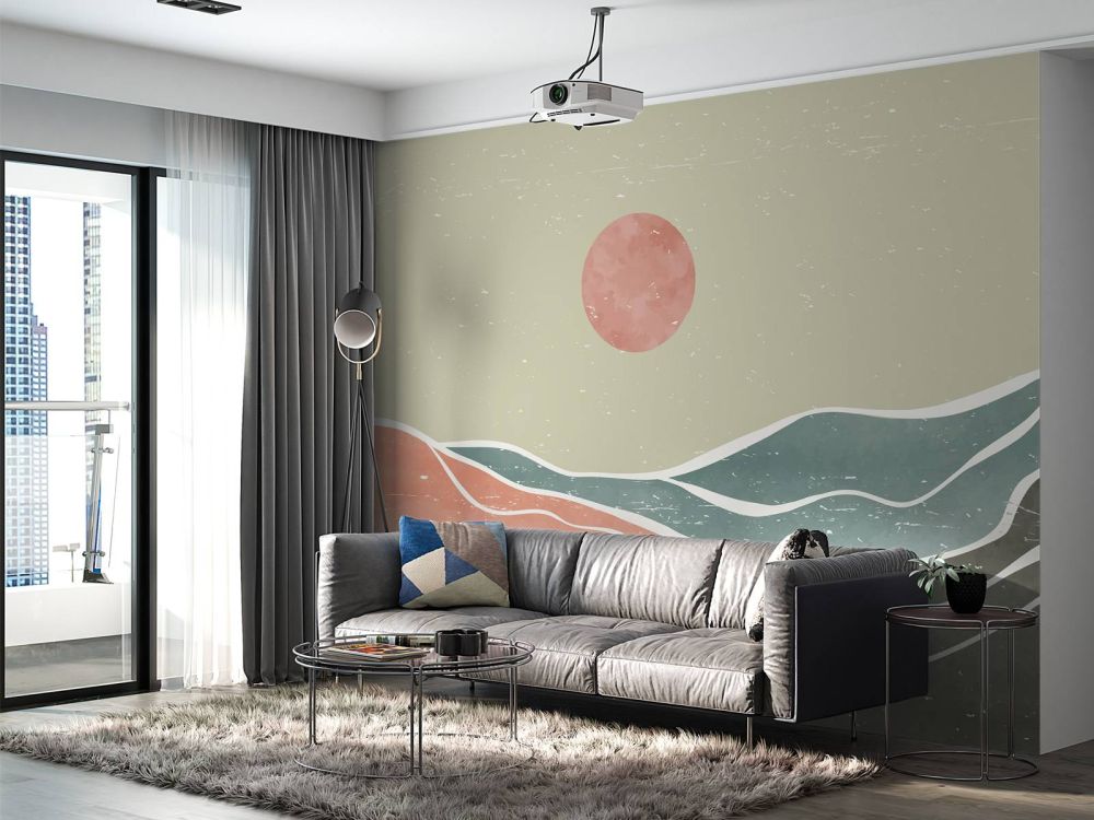 Gekleurde oceaangolven met een rode maan