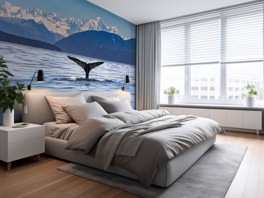 Duikende walvis met bergen op de achtergrond