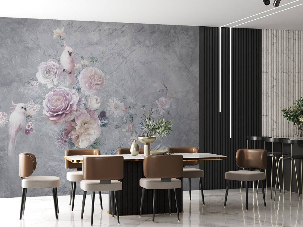 Papegaaien tussen bloemen