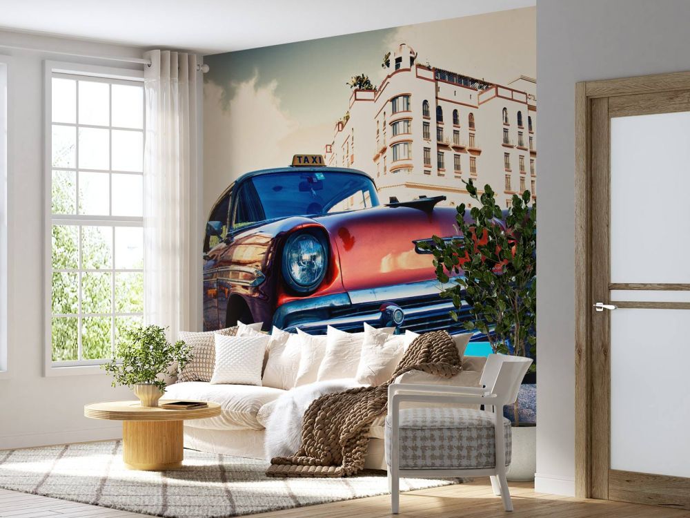 Behang met een rode klassieke auto