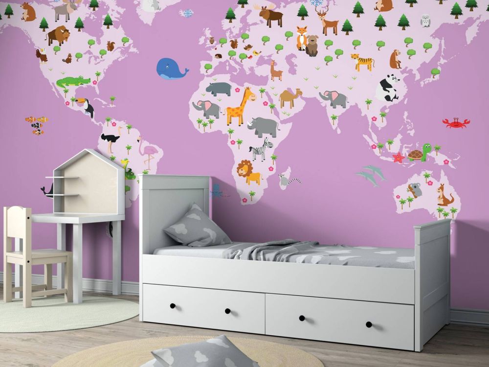 Wereldkaart voor kinderen met roze achtergrond