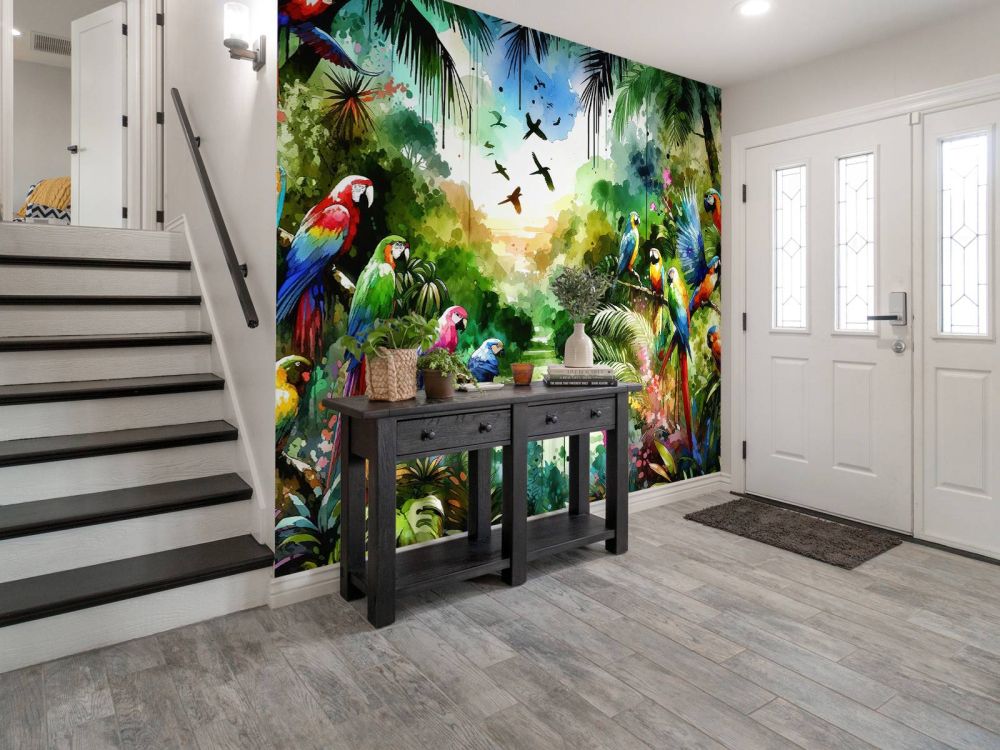 Watercolor Tropical Birds In The Jungle