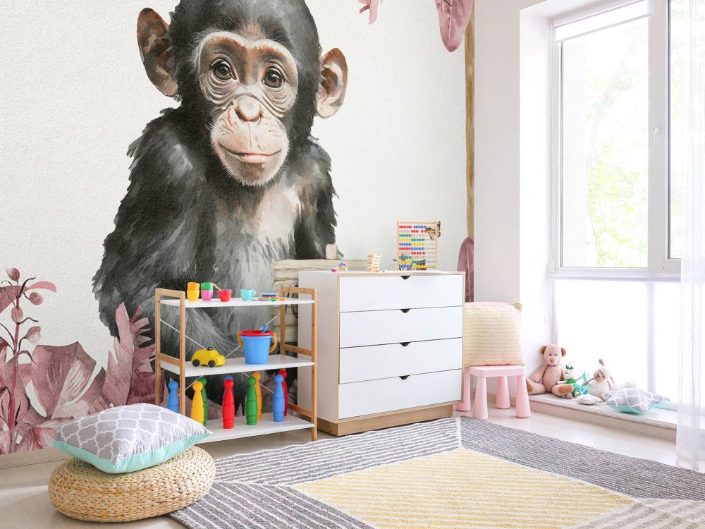 Baby chimpansee in de jungle roze