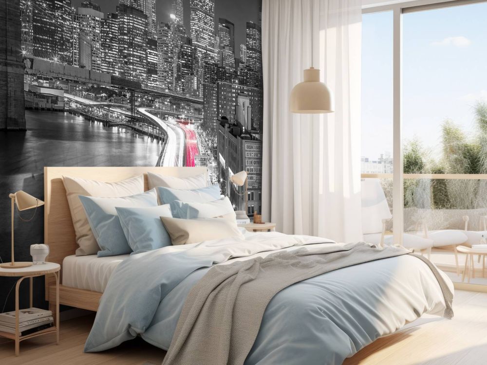 Strip lights on streets of Manhattan by east river, New York