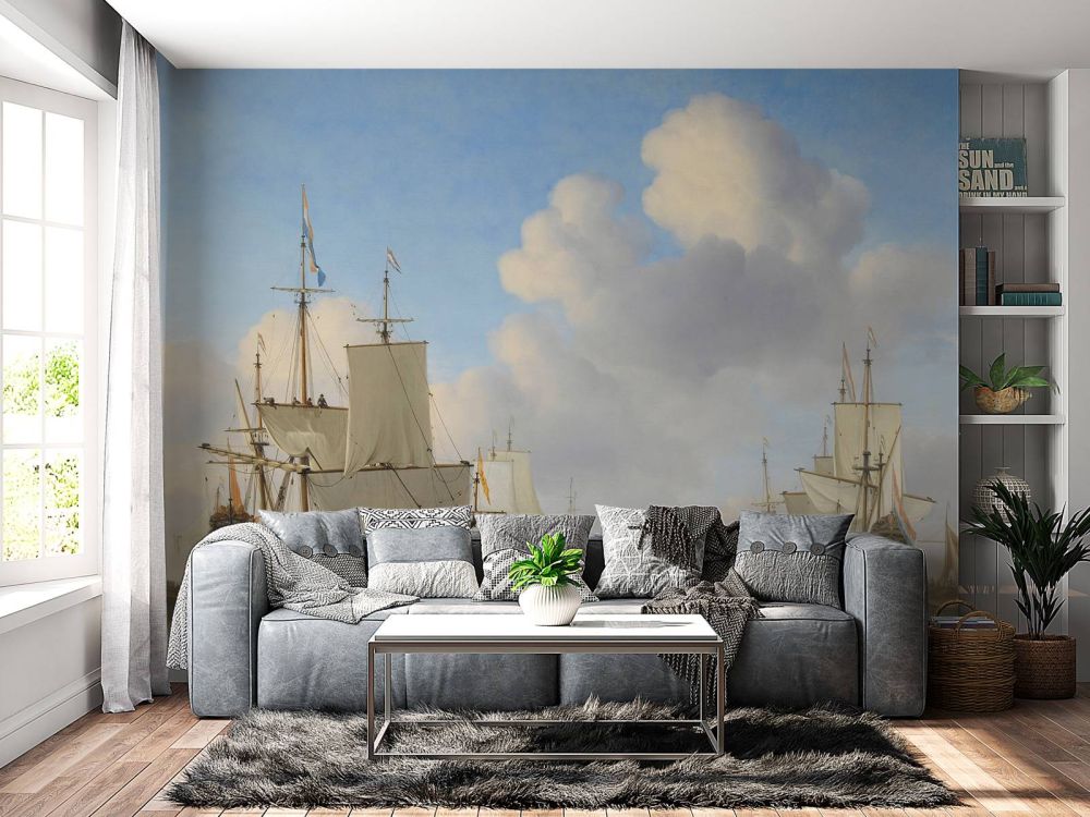 Fotobehang Rijksmuseum. Hollandse schepen op een kalme zee.