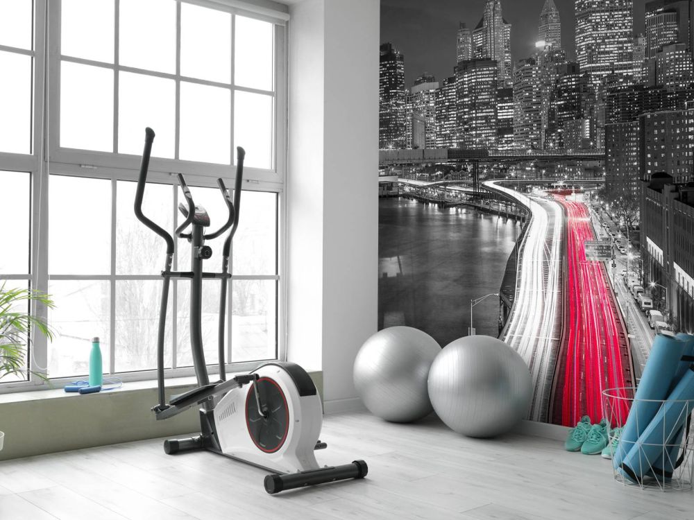 Strip lights on streets of Manhattan by east river, New York