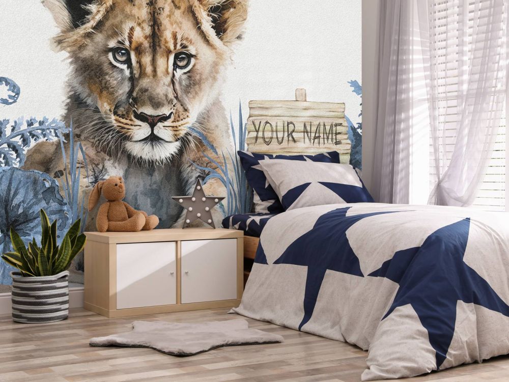 Jonge leeuw in de jungle blauw