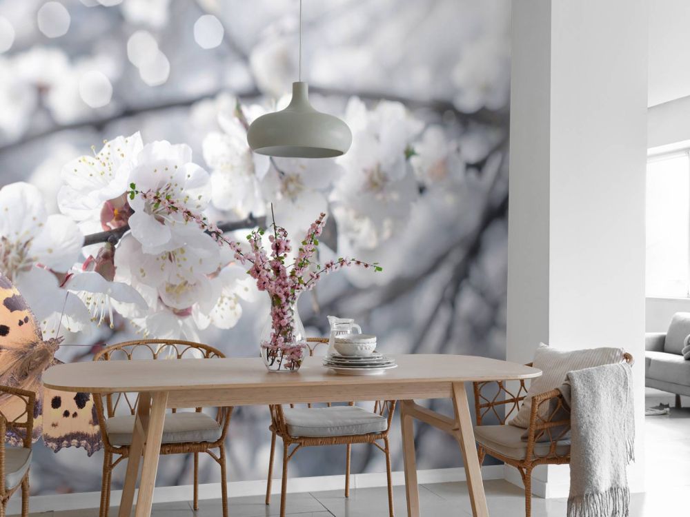 Vlinder bij witte bloesems