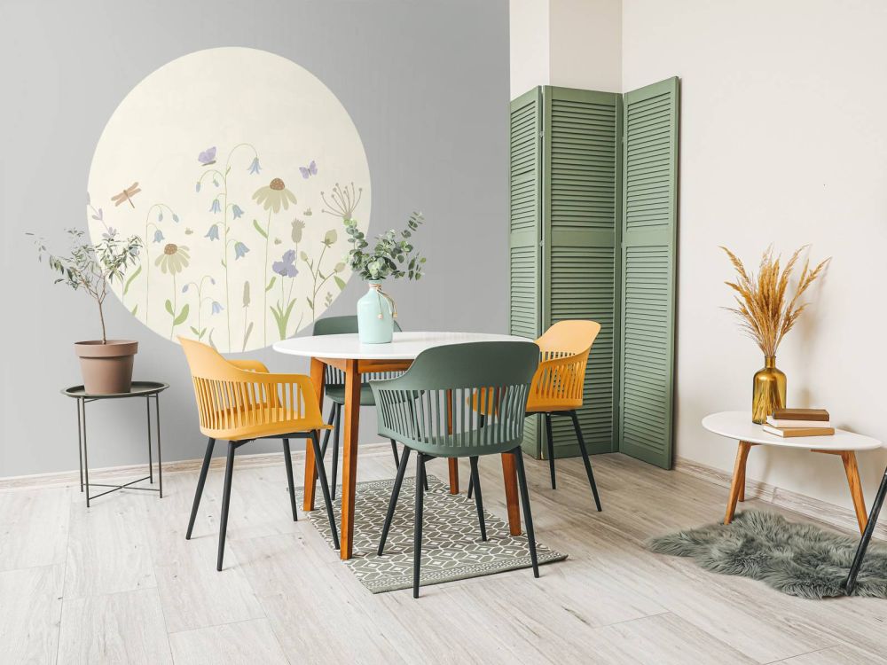 Bloemenveld hoog met vlinders beige, oud roze, groen en lila