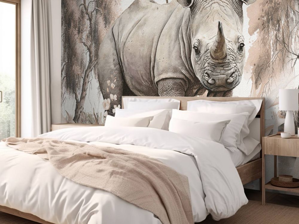 Baby neushoorn op de savanne taupe