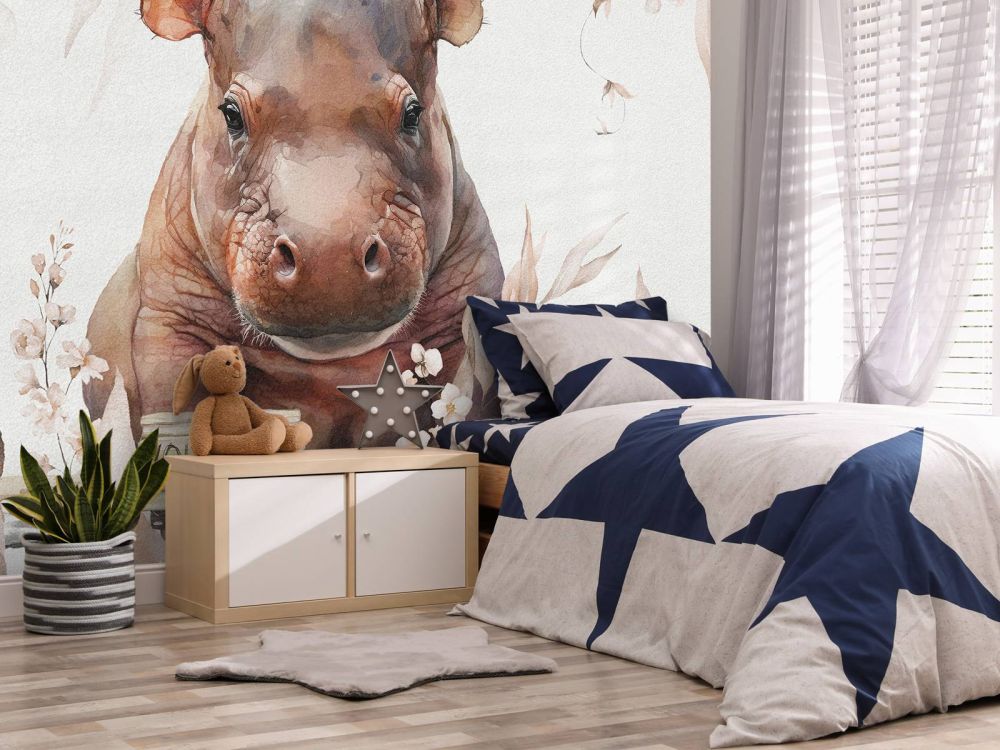 Baby nijlpaard in de bladeren taupe
