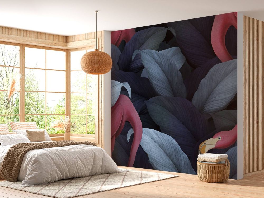 Flamingo's met bladeren