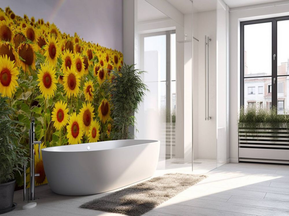 Regenboog bij zonnebloemen