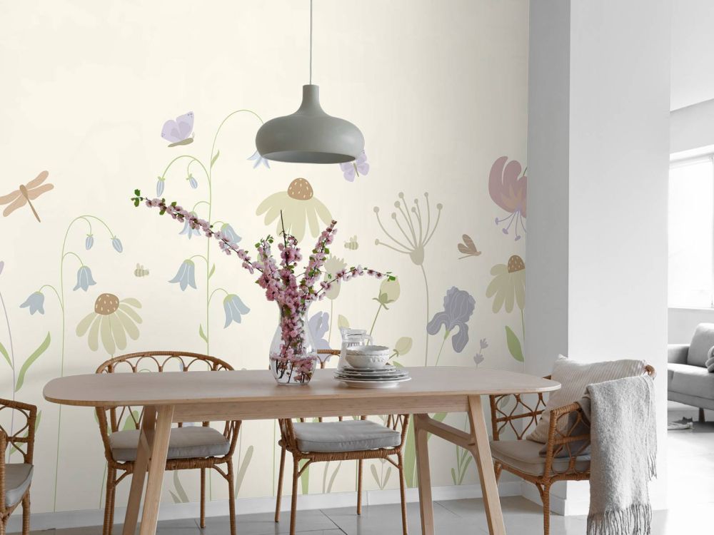 Bloemenveld hoog met vlinders beige, oud roze, groen en lila