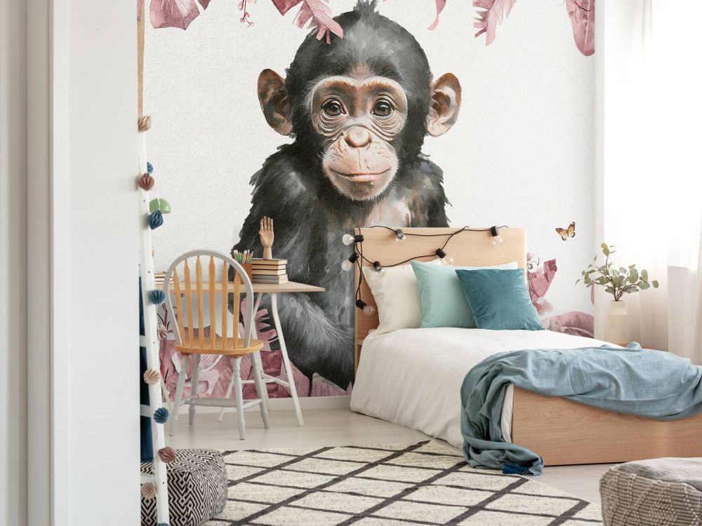 Baby chimpansee in de jungle roze