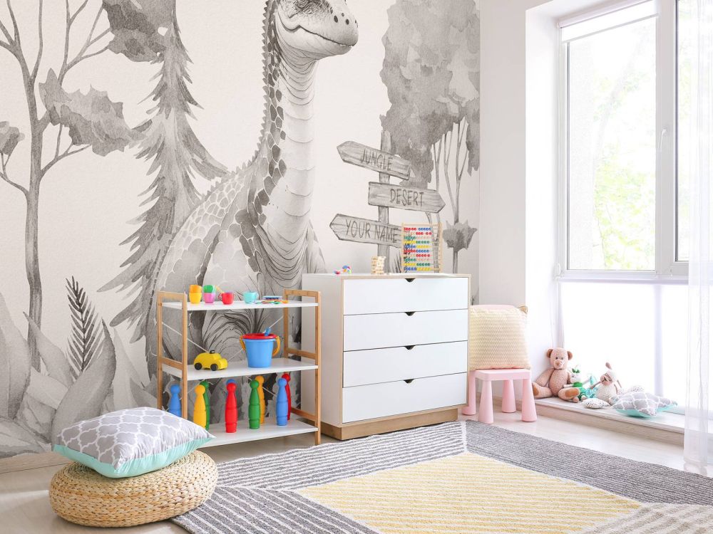 Baby brachiosaurus in de jungle beige