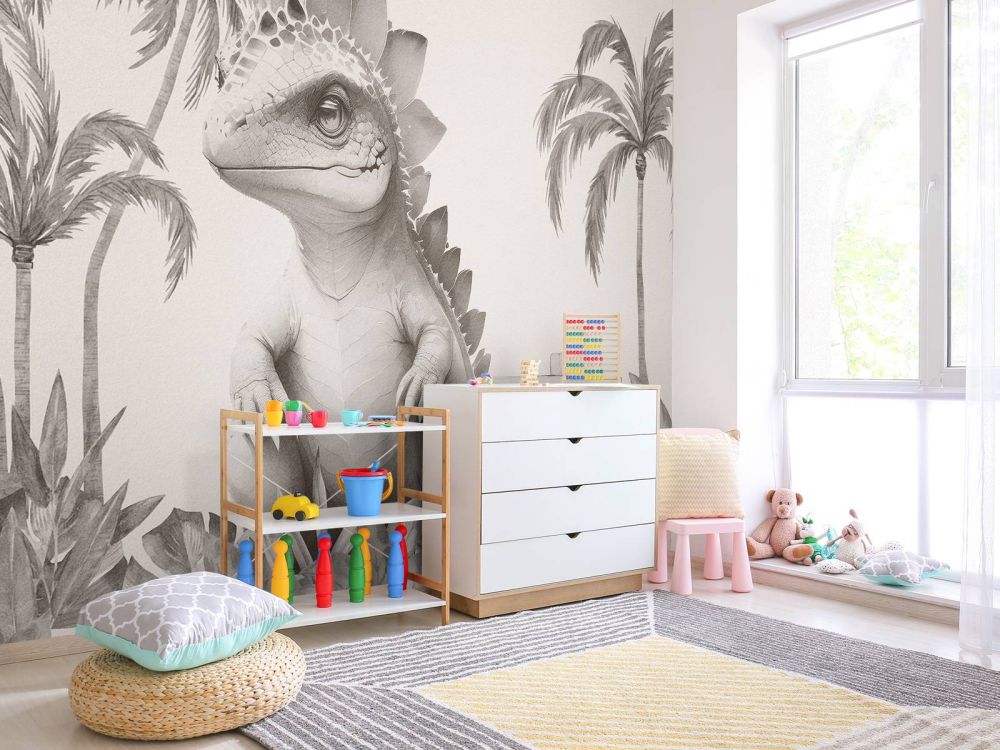 Baby stegosaurus in de jungle beige