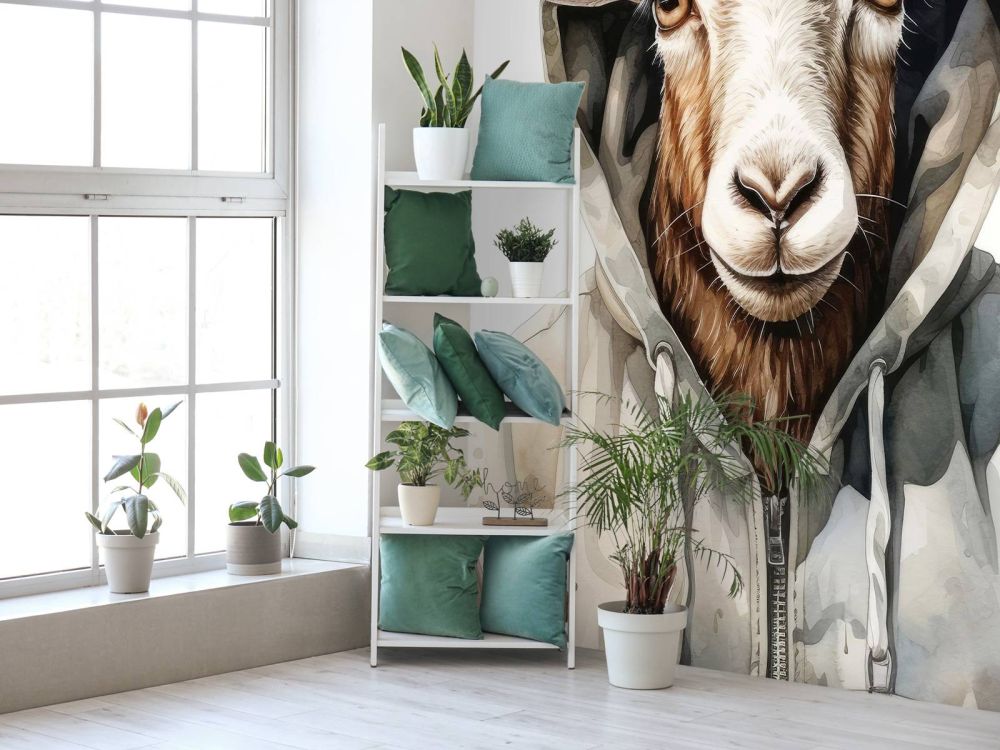 Watercolor Cartoon Goat in a Hoodie