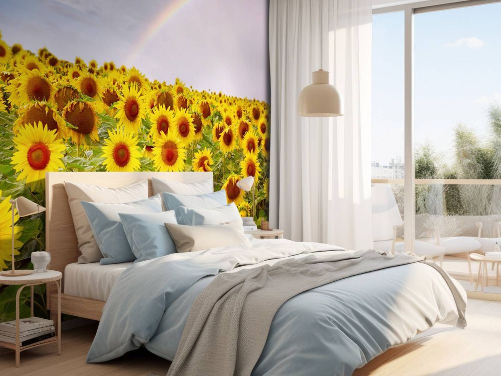 Regenboog bij zonnebloemen