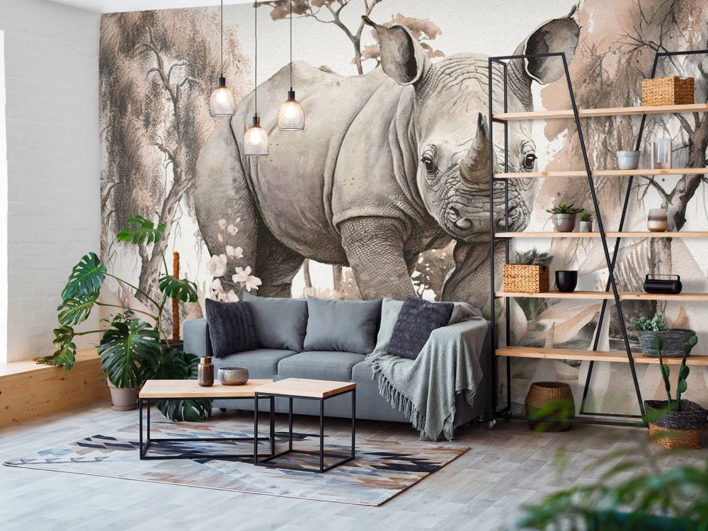 Baby neushoorn op de savanne taupe