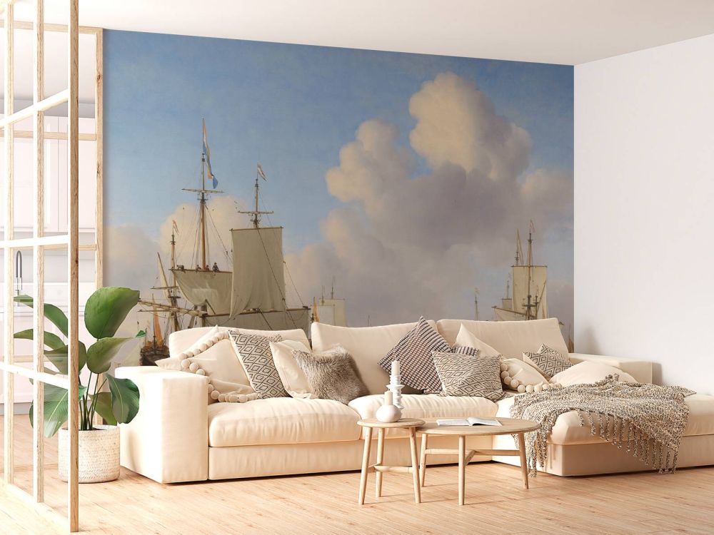Fotobehang Rijksmuseum. Hollandse schepen op een kalme zee.