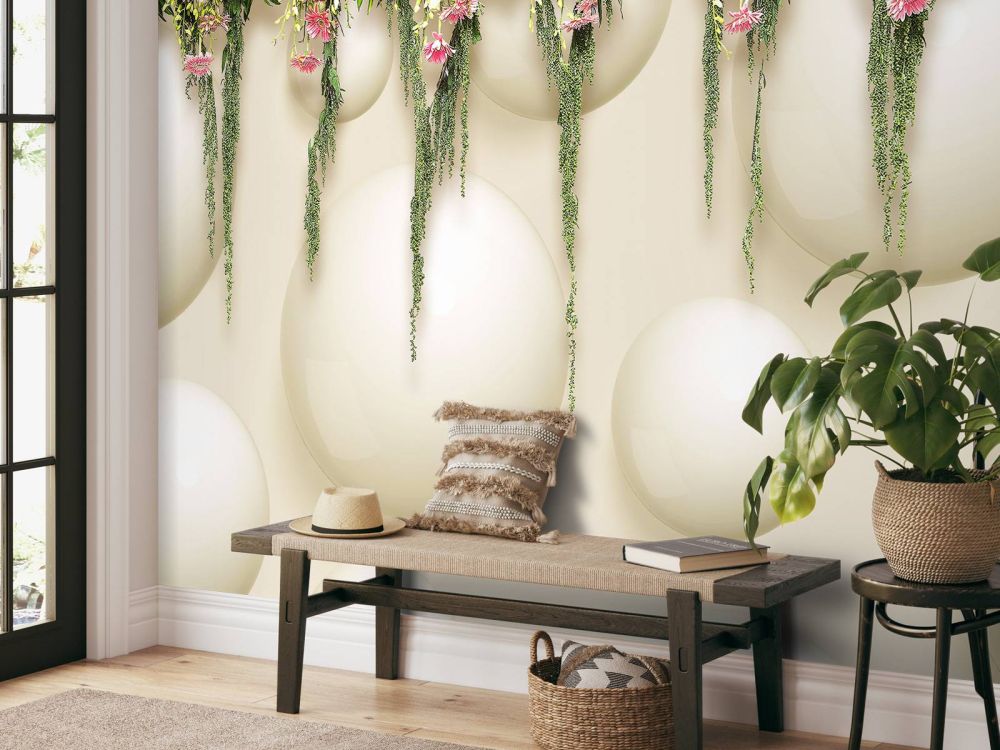 Hangende roze bloemen over 3D muur