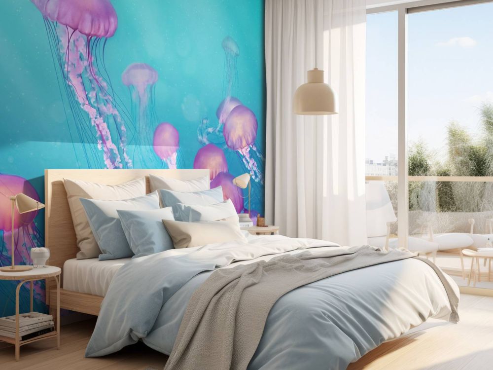 Roze kwallen in blauwe zee