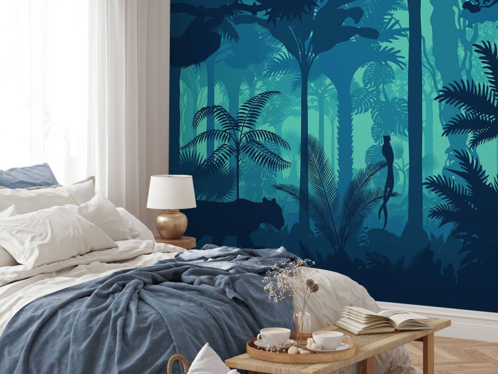 Blauwe jungle silhouetten