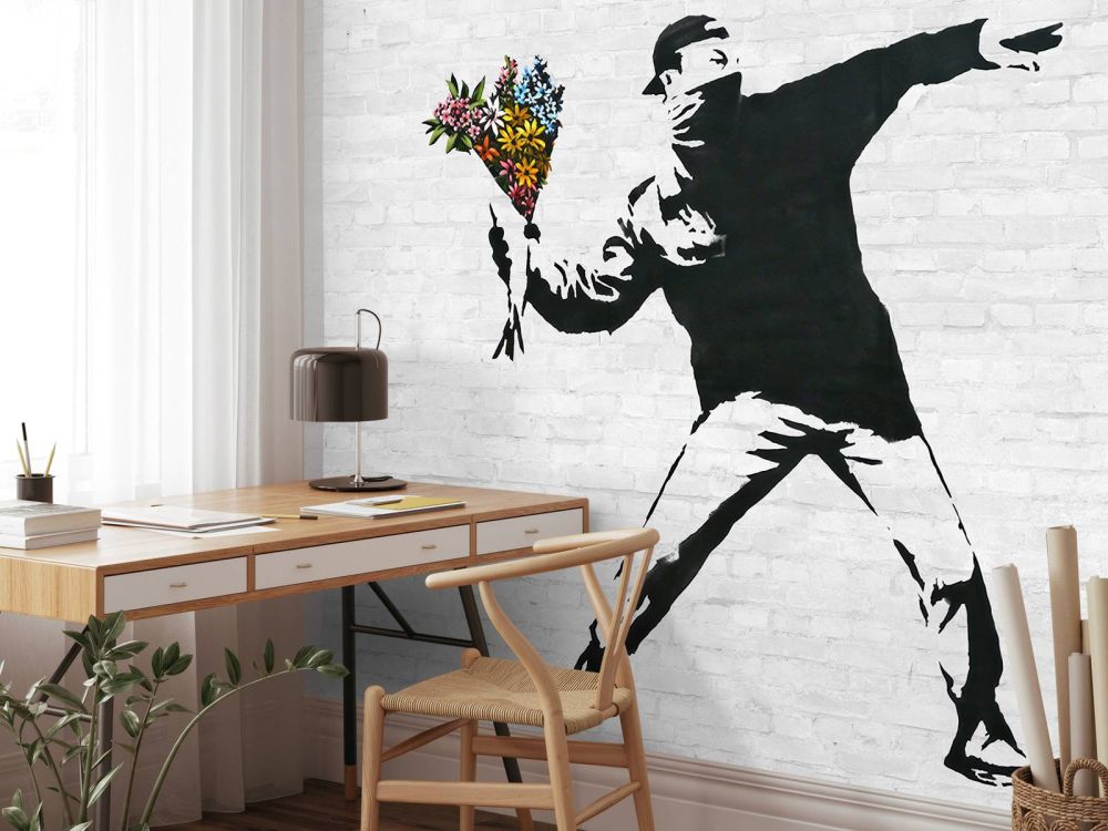 Banksy - Flower thrower, white bricks