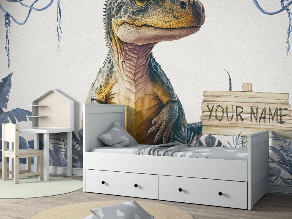 Baby t-rex in de jungle blauw