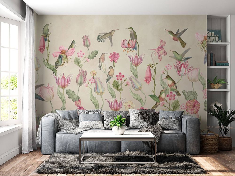 Spring Hummingbird Symphony - Blush Cream Elegance