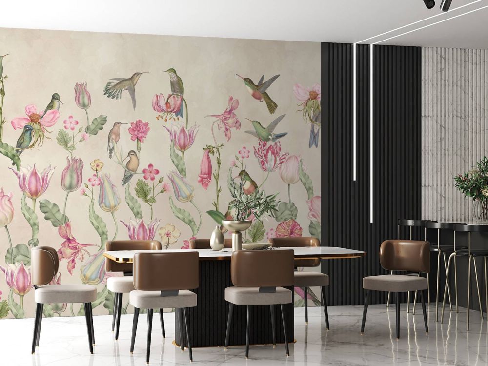 Spring Hummingbird Symphony - Blush Cream Elegance