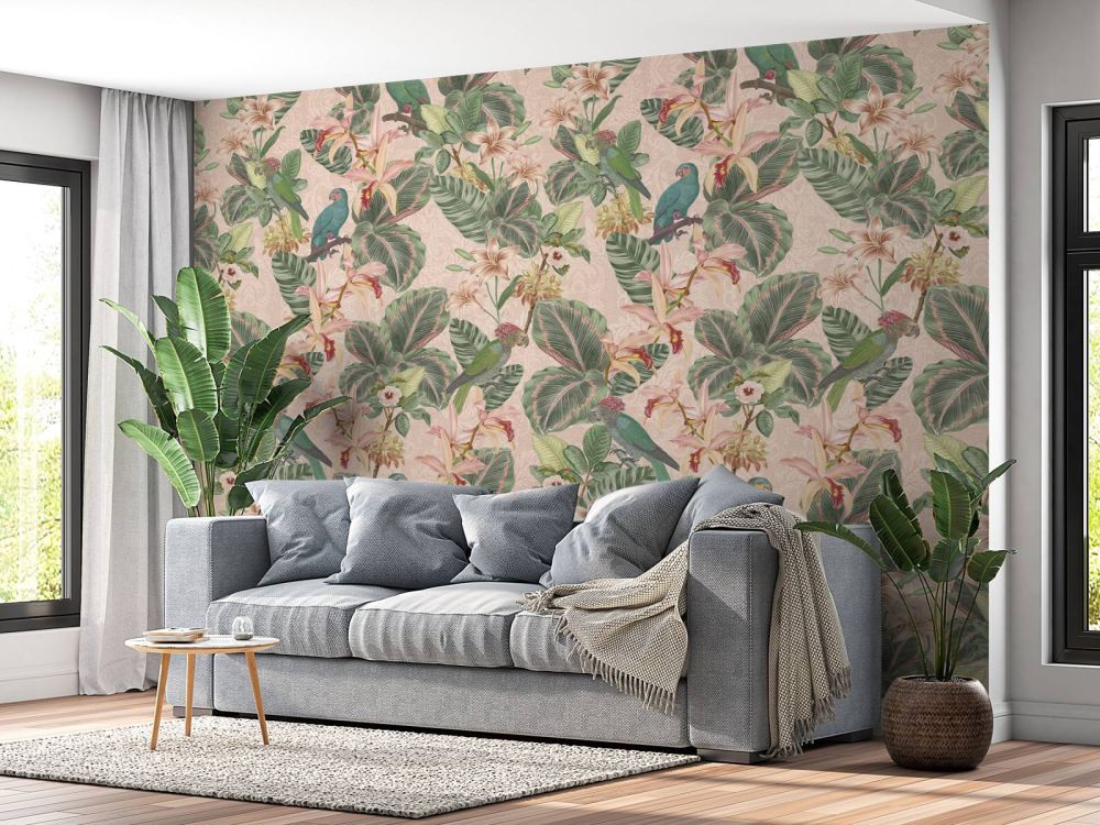 Tropische Jungle vogels & papegaaien - zacht roze