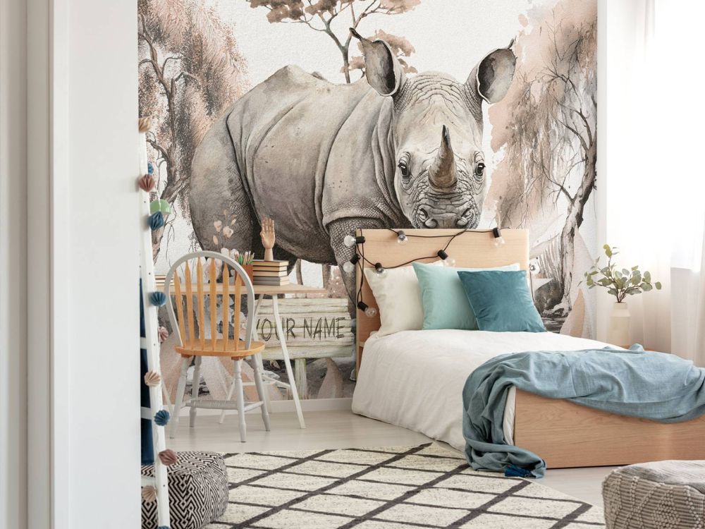 Baby neushoorn op de savanne taupe
