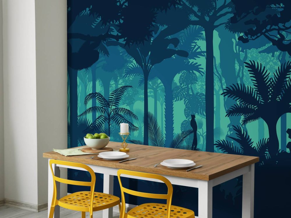 Blauwe jungle silhouetten