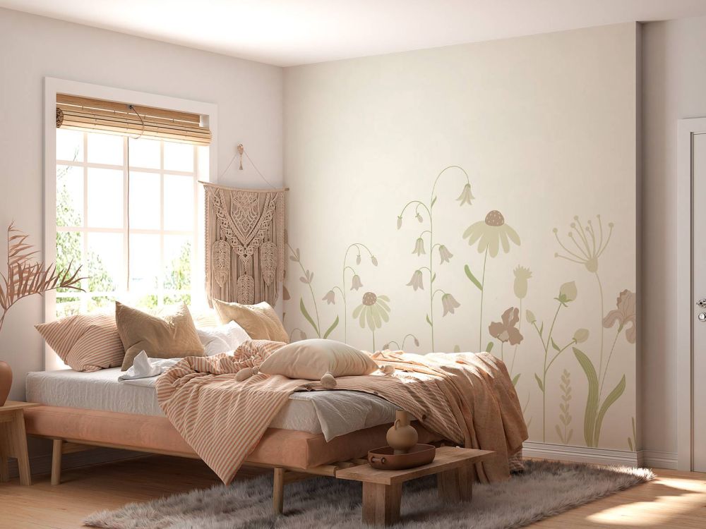 Bloemenveld hoog beige met oud roze