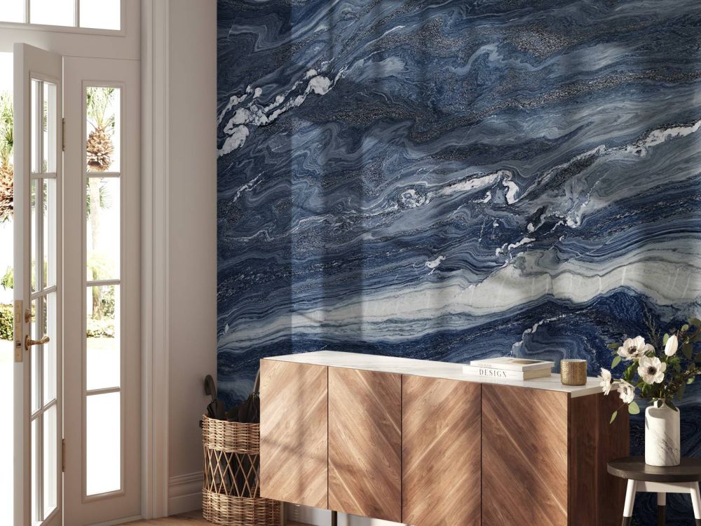 Blauw met wit marmer