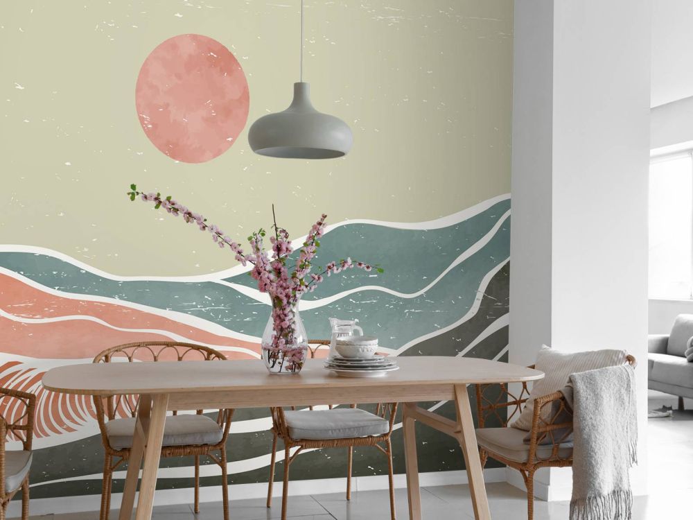 Gekleurde oceaangolven met een rode maan