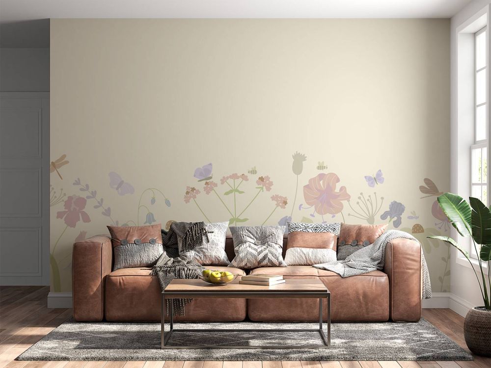 Bloemenveld met vlinders beige, oud roze, groen en lila