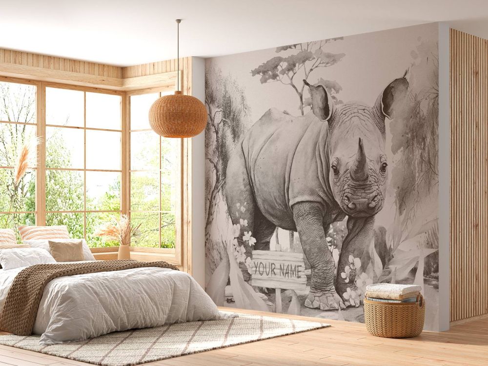 Baby neushoorn op de savanne beige