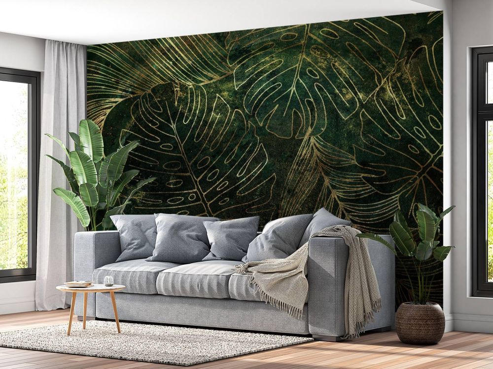 Groene structuur met gouden bladeren