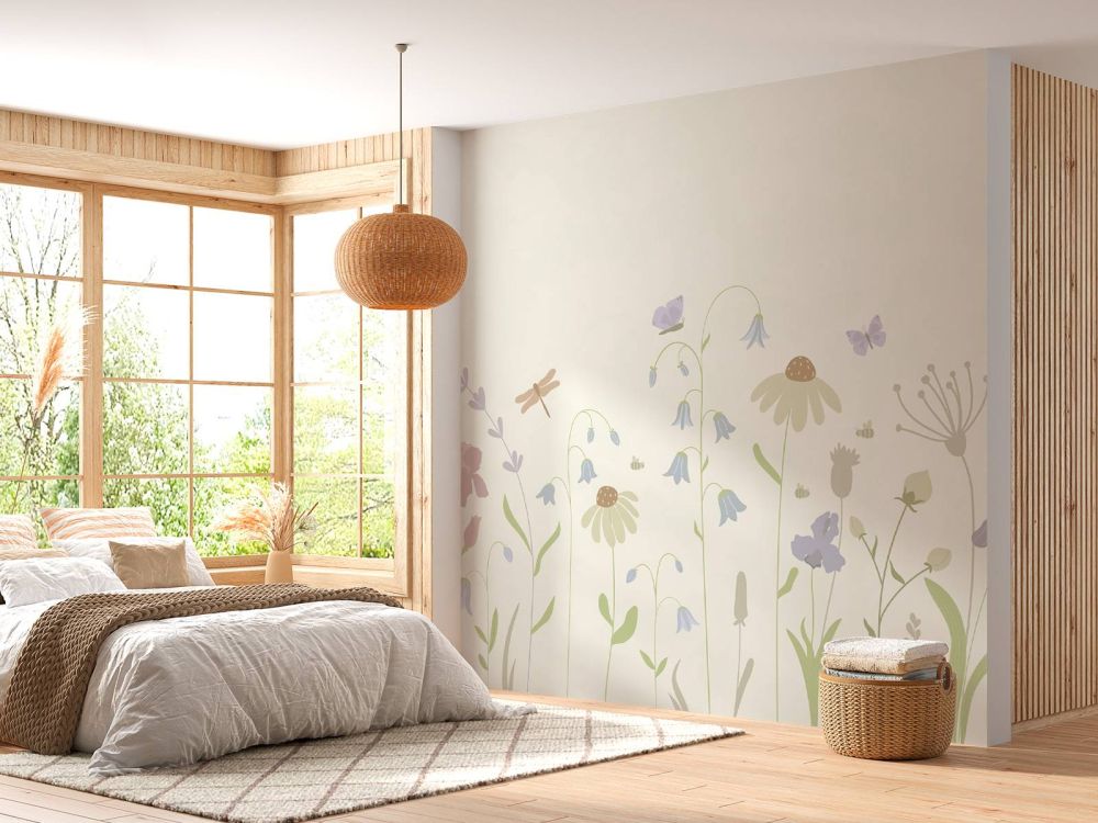 Bloemenveld hoog met vlinders beige, oud roze, groen en lila