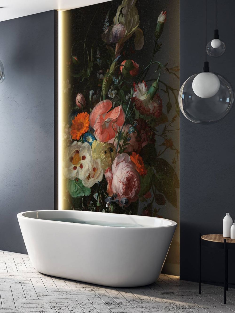 Stilleven met bloemen op een marmeren tafelblad