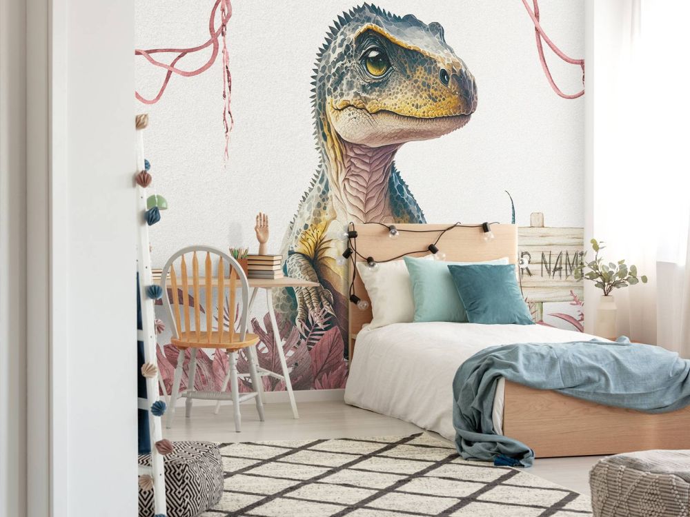 Baby t-rex in de jungle roze