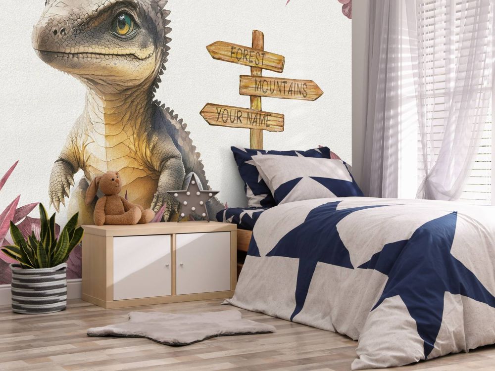 Baby spinosaurus in de jungle roze