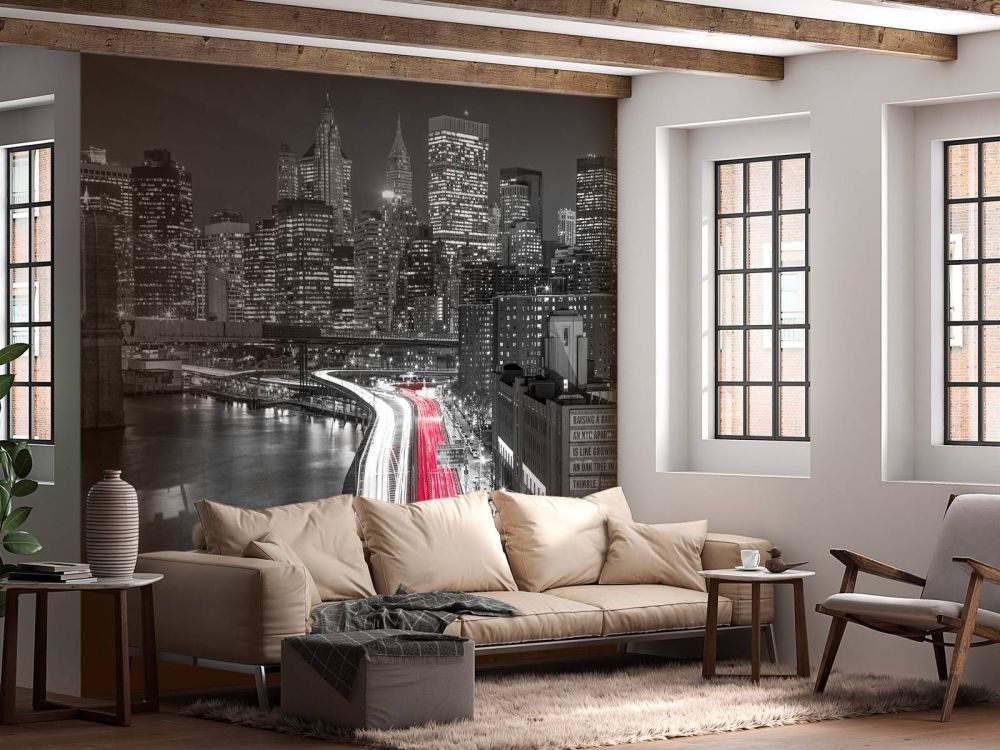 Strip lights on streets of Manhattan by east river, New York