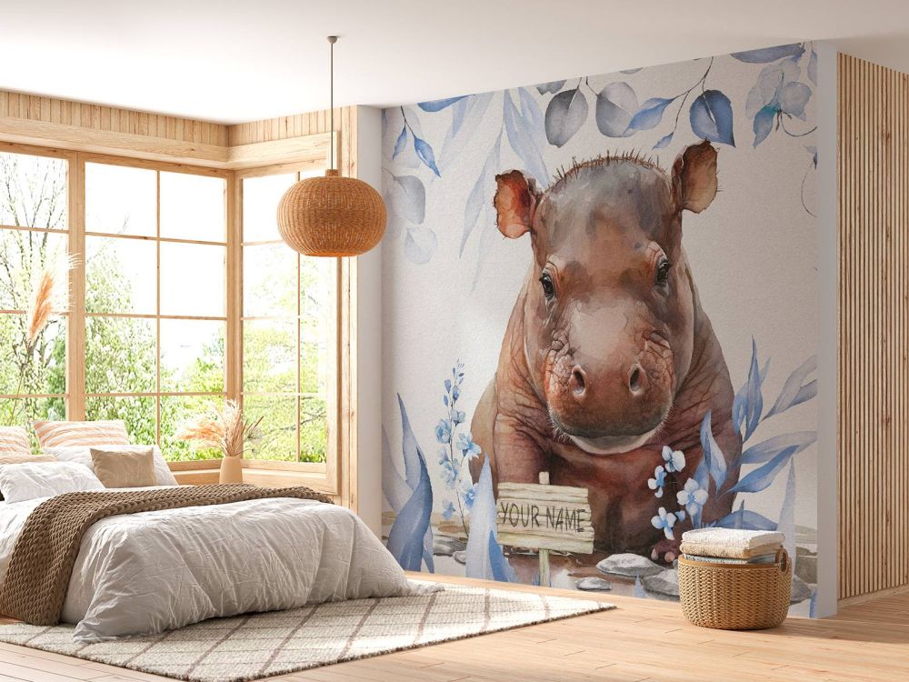 Baby nijlpaard in de bladeren blauw