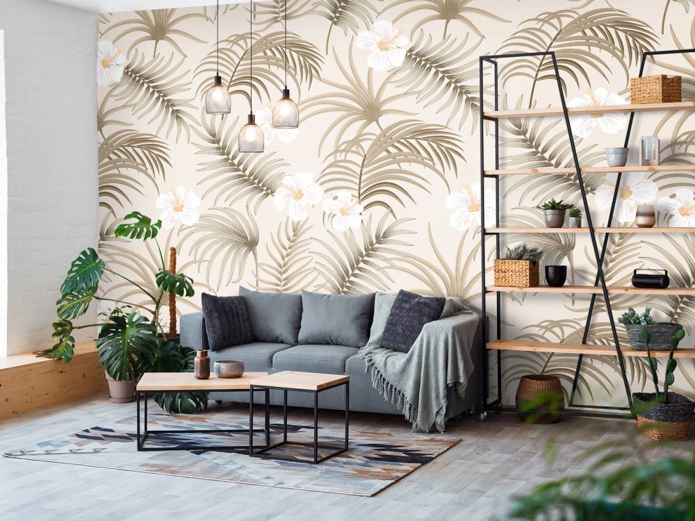 Palmboombladeren en bloemen