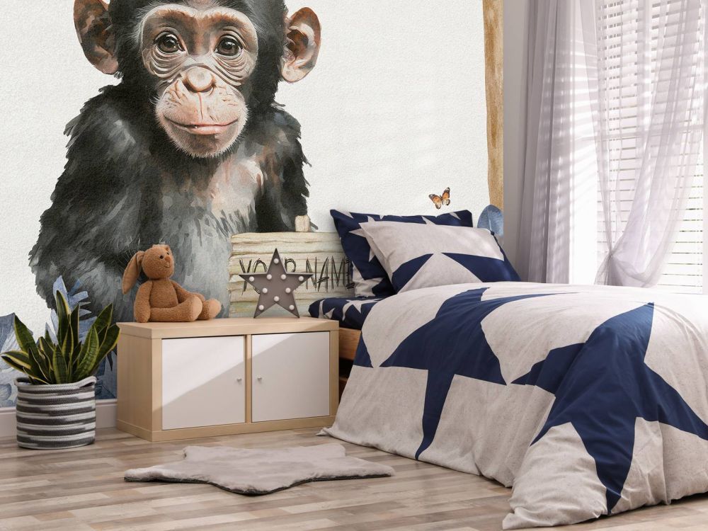Baby chimpansee in de jungle blauw